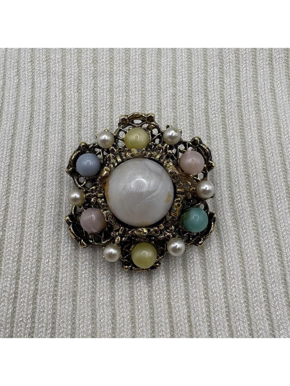 Vintage Faux Pearl Brooch Gold Tone Filigree Floral Pin